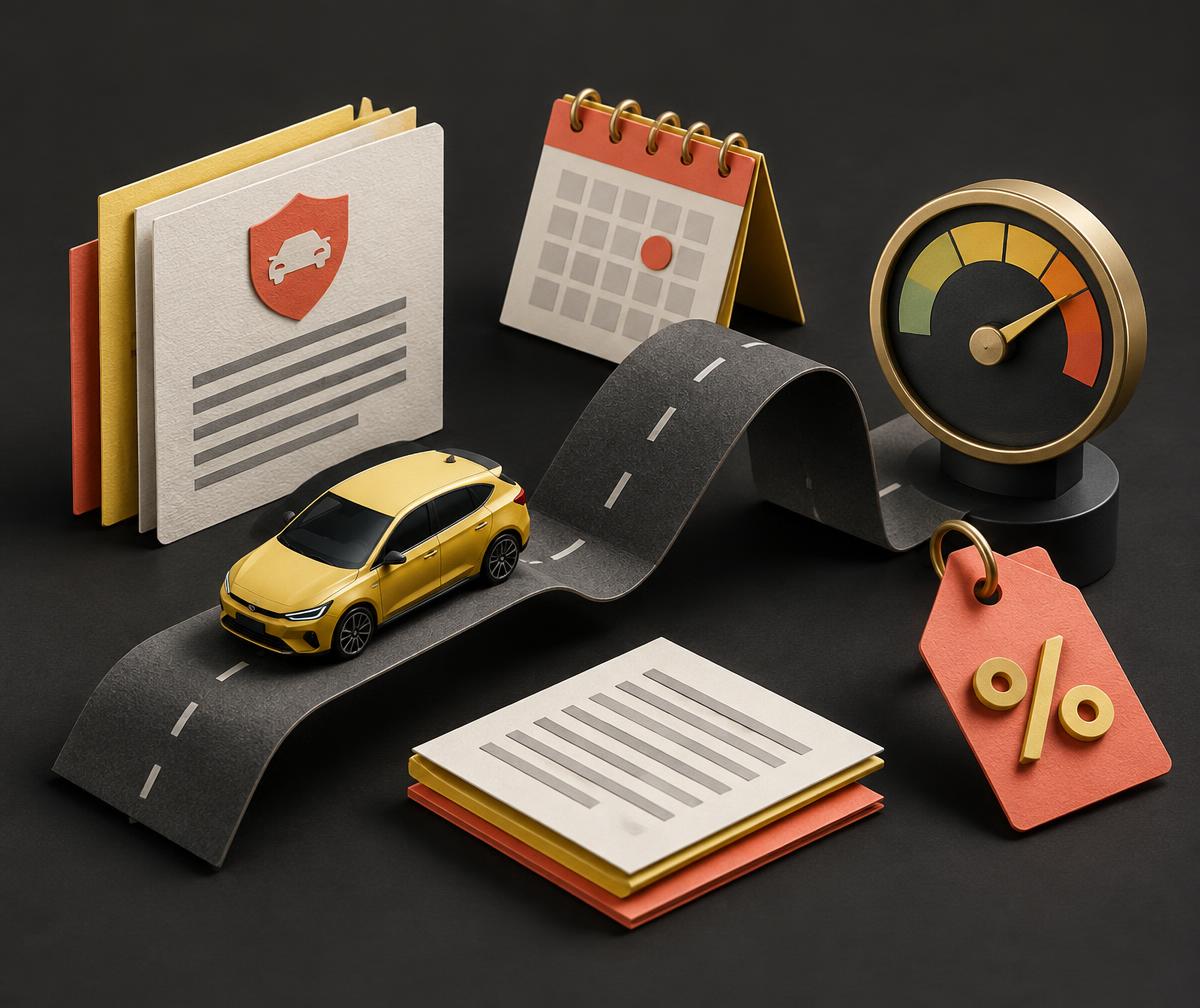 Isometric objects representing a claim record, renewal, rating and discounts